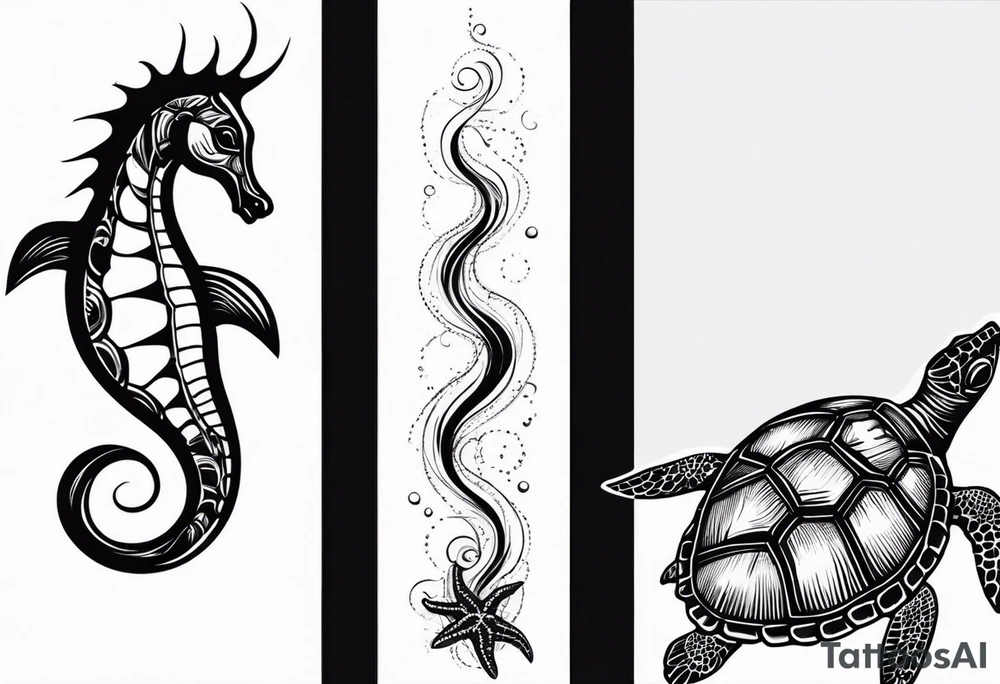 Small star fish, sea horse and turtle in a vertical line tattoo idea