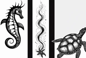 Small star fish, sea horse and turtle in a vertical line tattoo idea