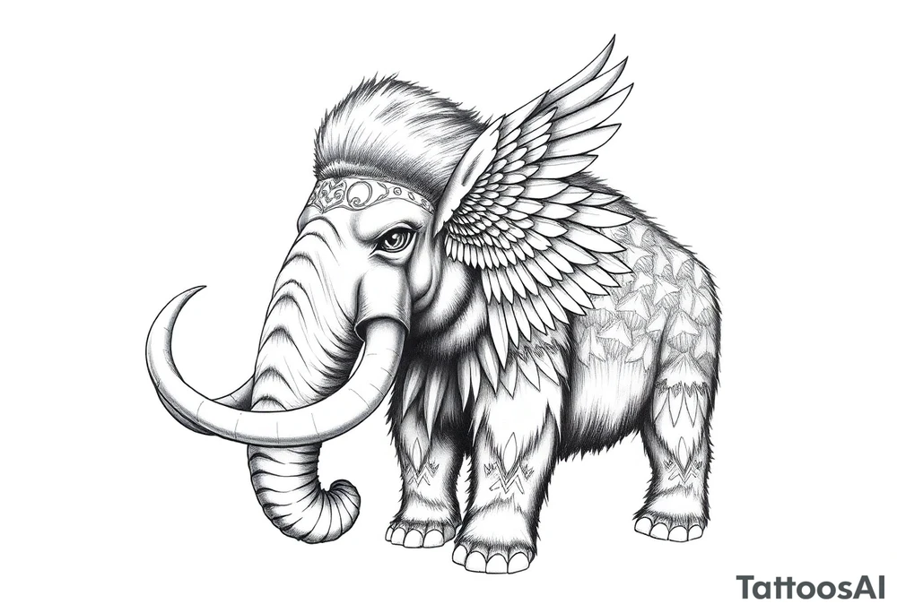 A horned woolly mammoth with ears that resemble the wings of a falcon and covered in Egyptian symbolism tattoo idea