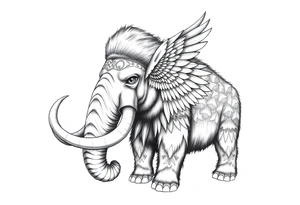 A horned woolly mammoth with ears that resemble the wings of a falcon and covered in Egyptian symbolism tattoo idea