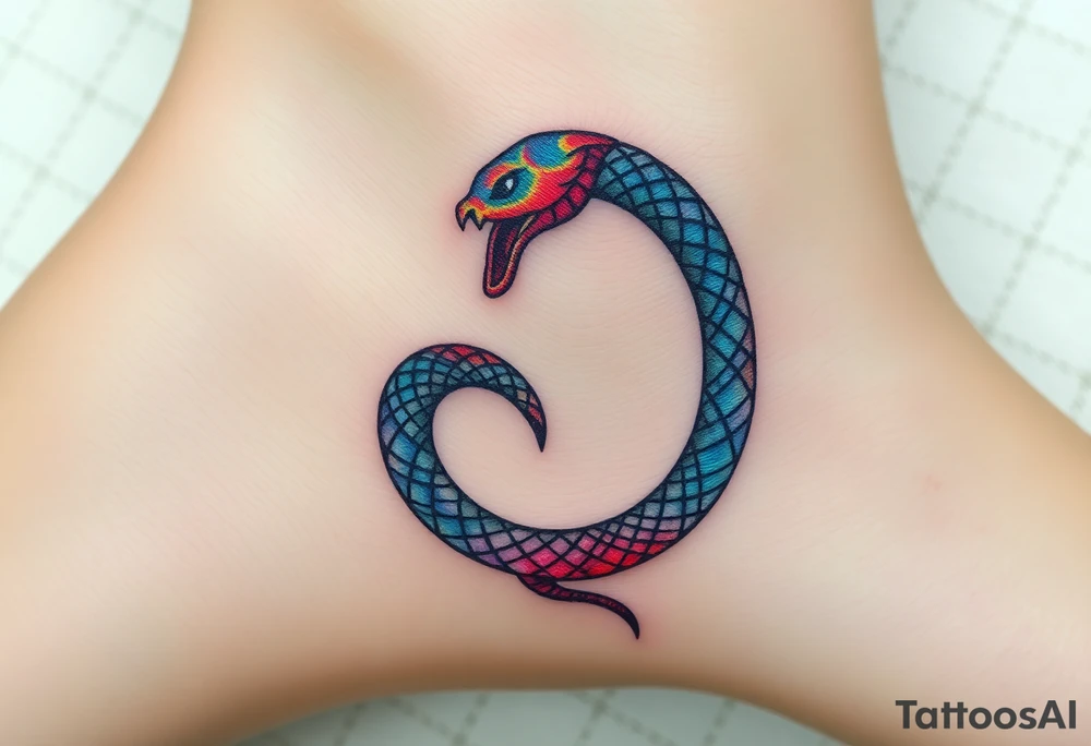 A prism-like Ouroboros snake forming cyrcle with iridescent rainbow hues, changing colors depending on the angle of light. tattoo idea