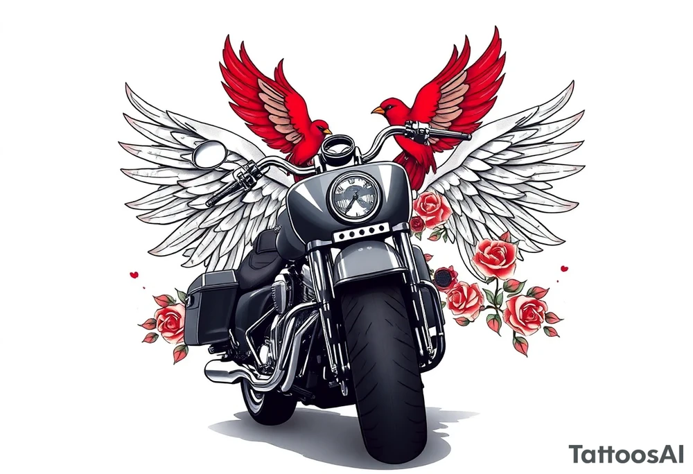 Harley grey motorcycle driving away, two red birds flying, roses, flames, angel wings tattoo idea
