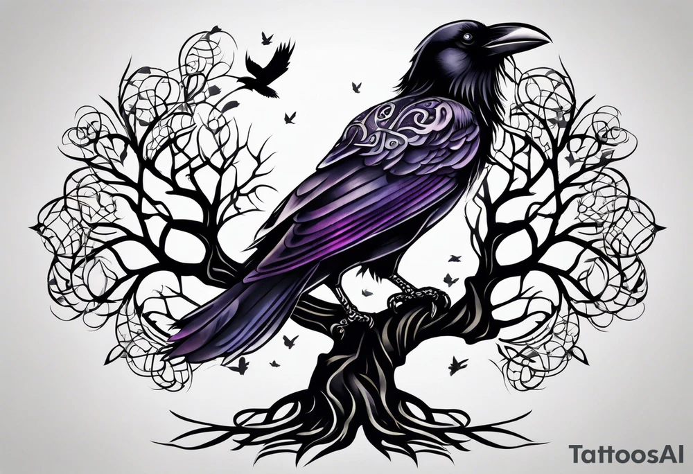 world tree with a raven and urnes style knotwork sleeve tattoo tattoo idea