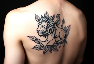 Lion abstract surrounded by leaves, black lines outlining shapes of the animal, fit onto an arm tattoo idea