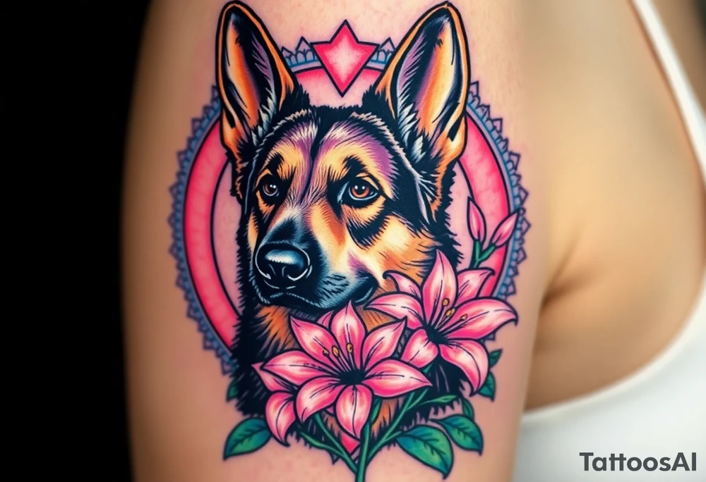 realistic german shepherd with alert ears looking protective with pink lilies in front of a sacred heart tattoo idea
