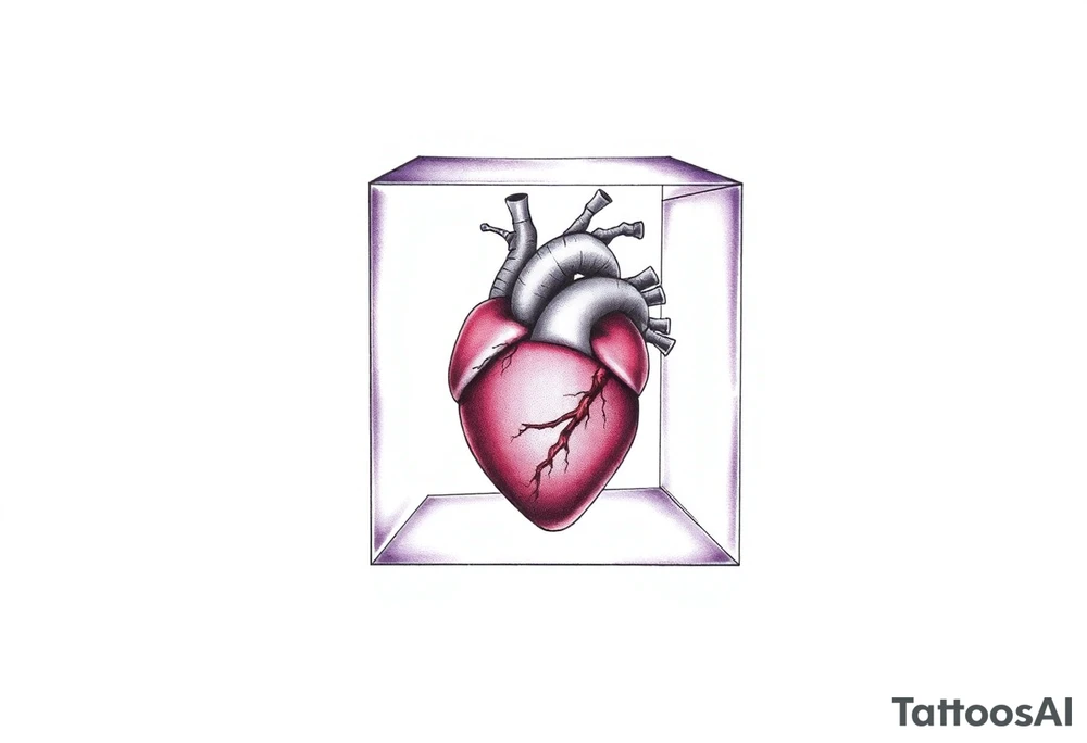 A translucent purple cube with an anatomical heart inside tattoo idea