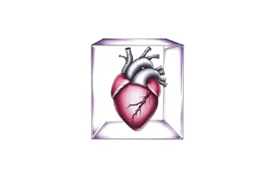 A translucent purple cube with an anatomical heart inside tattoo idea