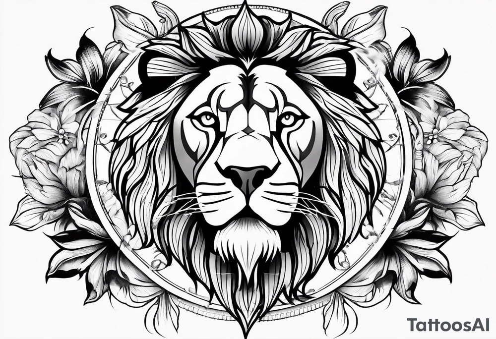 Sleeve tattoo lions head, compass, topete, daisy flower tattoo idea