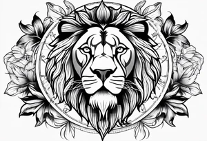Sleeve tattoo lions head, compass, topete, daisy flower tattoo idea