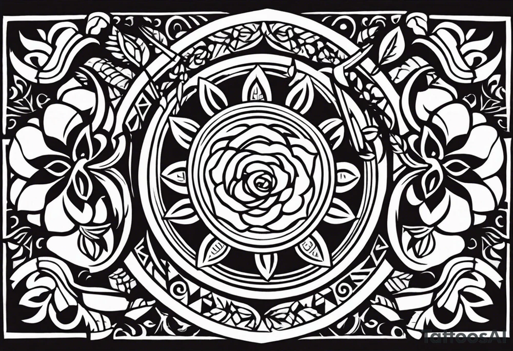 Design a masculine tattoo depicting three delicate rose buds being embraced and protected by a pile of Aztec weapons. The weapons should include elements such as the macuahuitl (Aztec sword-club), obsidian blades, and shields, arranged in a way that forms a protective circle or embrace around the roses. Carve the entire image as if it were a stone sculpture by an ancient Aztec artist, with the texture resembling intricately detailed stone carvings. The roses should be slightly softer but still stylized in stone, giving the entire tattoo a powerful, yet artistic and ancient feel. Use bold, sharp lines to capture the essence of Aztec craftsmanship tattoo idea