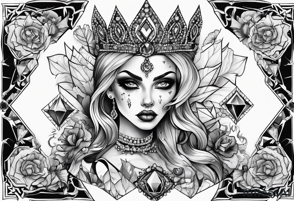 Fancy queen zombie diamonds and gemstones tattoo idea