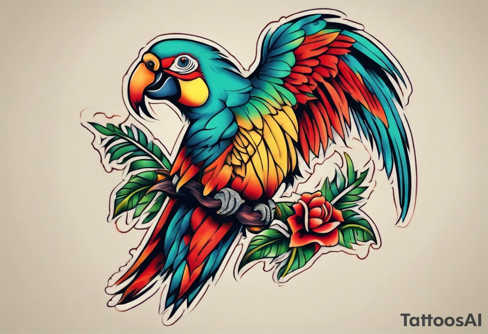 a chest tattoo of a traditionally colored parrot tattoo idea