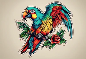 a chest tattoo of a traditionally colored parrot tattoo idea