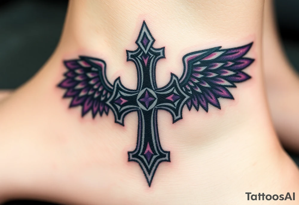 A Viking-style iron cross, with raven wings in black and deep purple tattoo idea