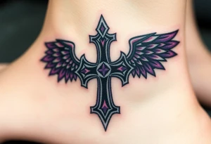 A Viking-style iron cross, with raven wings in black and deep purple tattoo idea