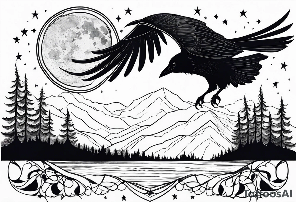 Raven in flight, upsidedown, knowing, ethereal, moon stars and trees in the background tattoo idea