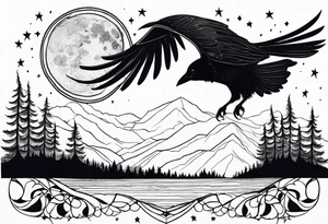 Raven in flight, upsidedown, knowing, ethereal, moon stars and trees in the background tattoo idea