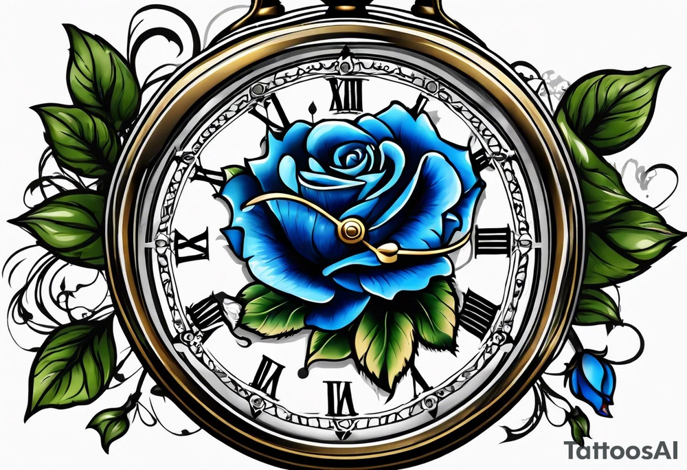 Pocket watch with blue roses tattoo idea