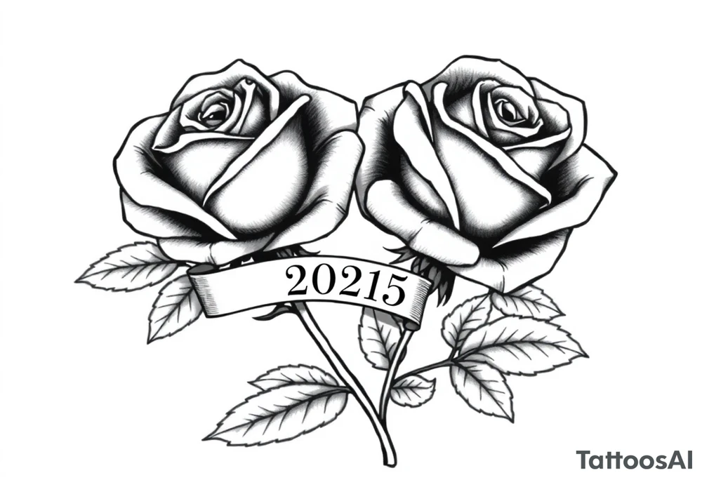 two beautiful large rose buds, one larger than the other, with many leaves next to the rose buds, with one sitting higher than the other. Include a banner connecting the two roses with the year "2025" on it.   Use dark outlines with little shading. The two stems should be short, not long, and connect and join into one stem, whimsically curved or twisted - not straight down. tattoo idea