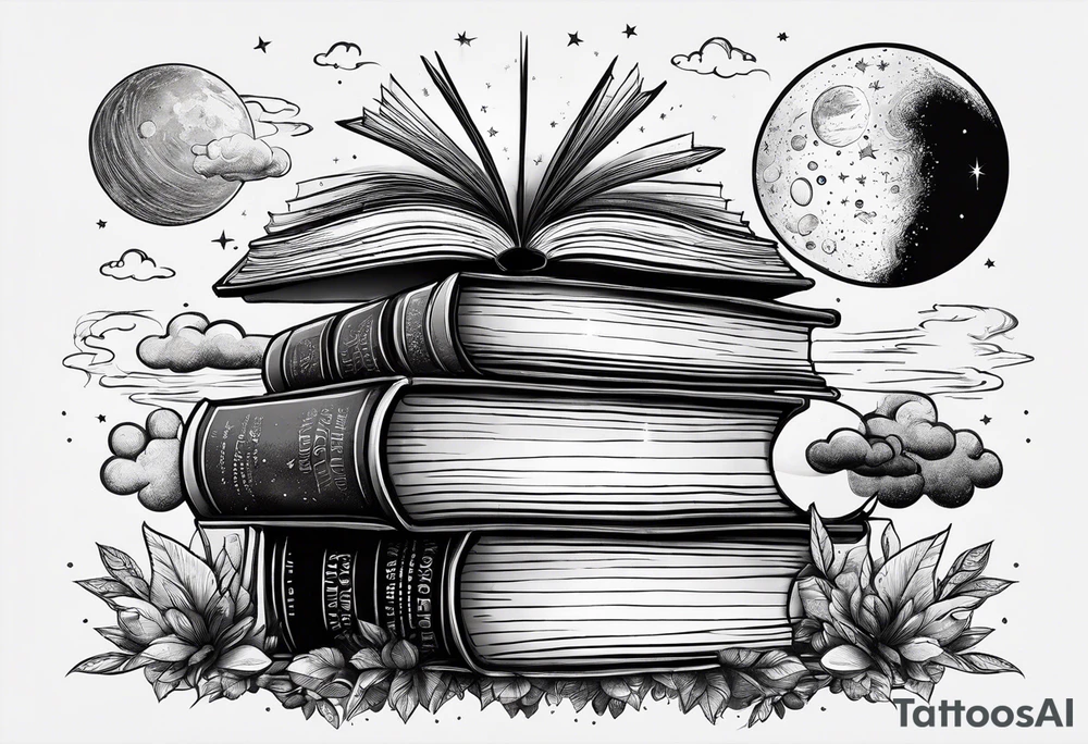 Stack of books with a universe sky and moons, the top book is open and has things coming alive from it tattoo idea
