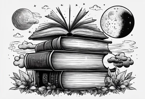 Stack of books with a universe sky and moons, the top book is open and has things coming alive from it tattoo idea
