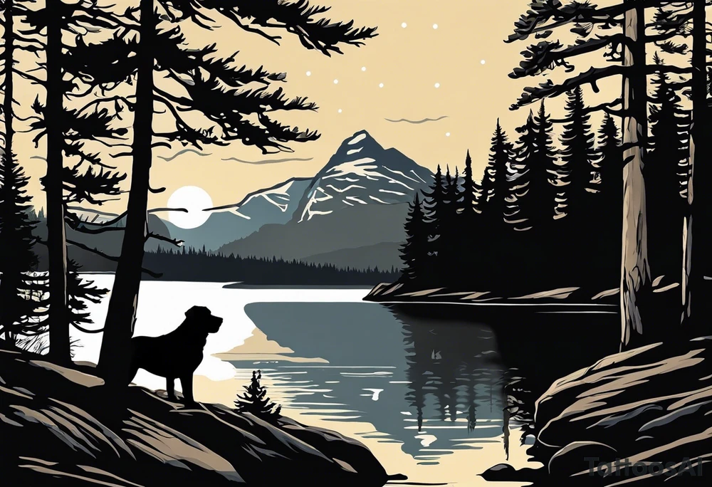 Sleeve tattoo windswept pine tree before lake with low hills on far side of lake. Mastiff silhouette in the foreground. with a dock coming out from the shore. Canadian shield. 
Include the words: "If the sun refused to shine
I would still be loving you
When mountains crumble to the sea
There will still be you and me" tattoo idea