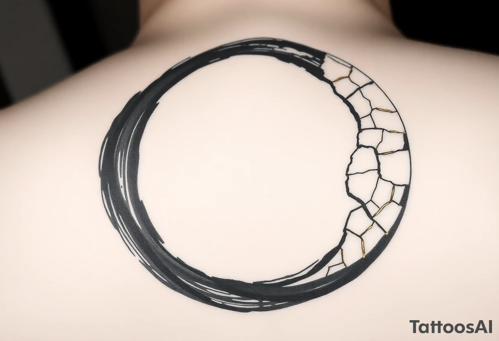 A Japanese‑inspired tattoo of a thick Zen ensō circle, drawn with a bold, hand‑painted black ink brushstroke. The circle is imperfect and organic, with visible texture and subtle variation in line thickness. About the last quarter of the circle, near the top‑right, transforms into a cracked ceramic segment that has been repaired using kintsugi: visible broken pieces outlined and joined by thin, flowing gold lines. The gold seams follow the natural fractures of the ceramic section, creating several branching cracks rather than a single line, clearly distinguishing this repaired portion from the rest of the smooth ink circle. The transition from ink to ceramic should feel natural, as if the painted circle solidifies into a fragile object that has been lovingly mended. Keep the interior of the circle empty, with a clean white background and no extra symbols or text. Design it as a black and gray tattoo with a subtle metallic gold effect on the kintsugi seams, suitable for a medium‑sized placement on the back of the bicep. tattoo idea