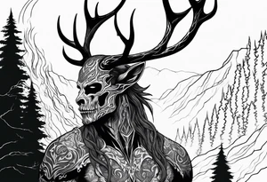 A spooky dead lore accurate wendigo side profile surrounded by a forest fire in background tattoo idea