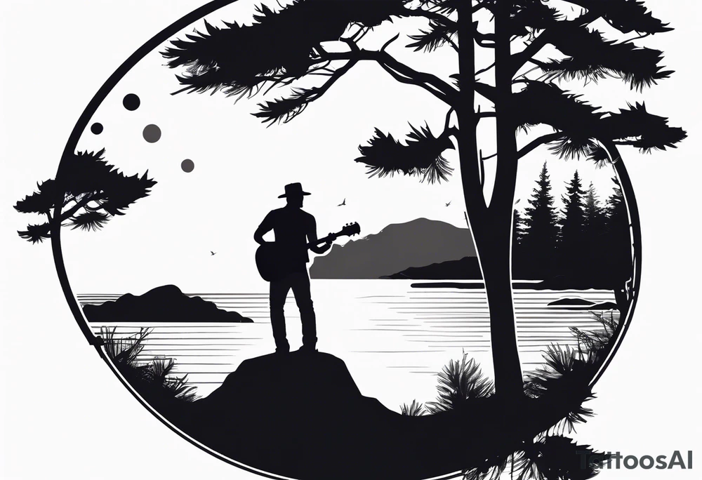 silhouette of a man playing electric guitar while sitting in a pine tree. super simple sketch tattoo idea