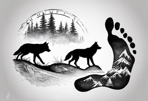 2 baby footprints with the name Murphy above and the date 8/9/23 below the foot prints. 
Father wolf looking over a baby wolf with nature background tattoo idea