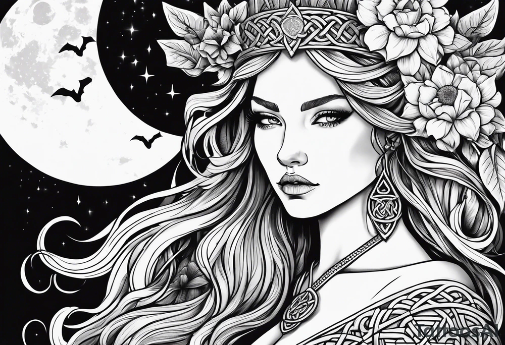 Viking goddess, axes, moonlight, flowers, Celtic, bedroom eyes tattoo idea