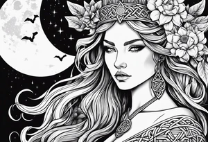 Viking goddess, axes, moonlight, flowers, Celtic, bedroom eyes tattoo idea
