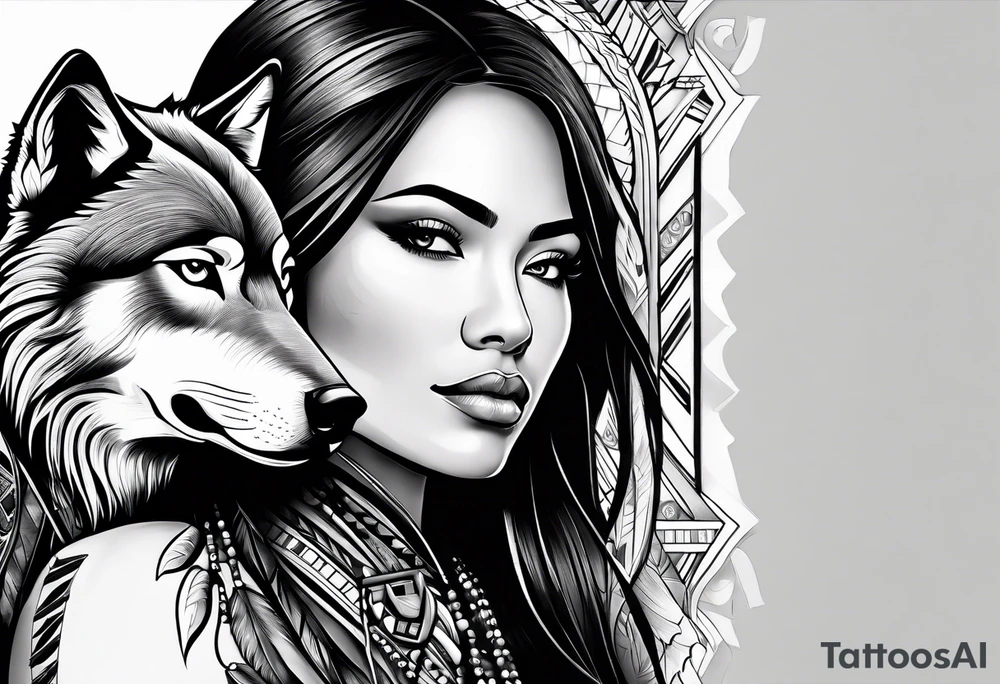 Native American woman with a wolf tattoo idea