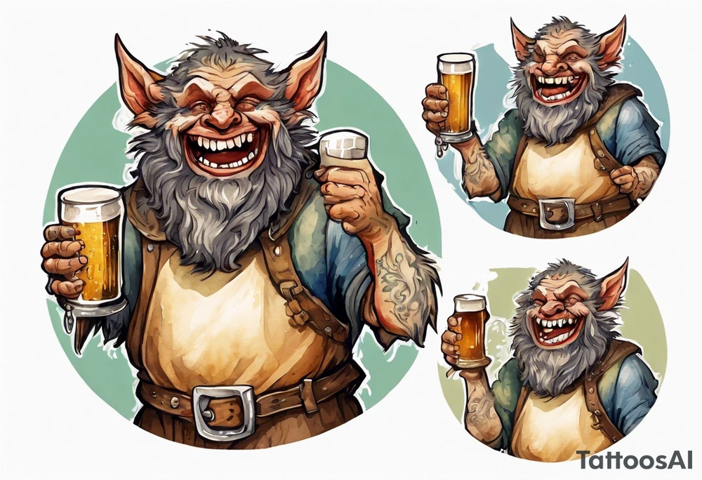 a medieval Bugbear wearing a tunic and drinking from a pewter mug of beer in a tavern, laughing tattoo idea