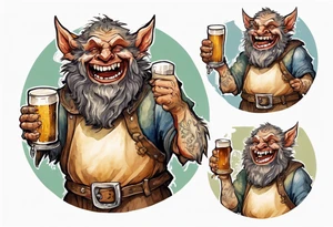 a medieval Bugbear wearing a tunic and drinking from a pewter mug of beer in a tavern, laughing tattoo idea