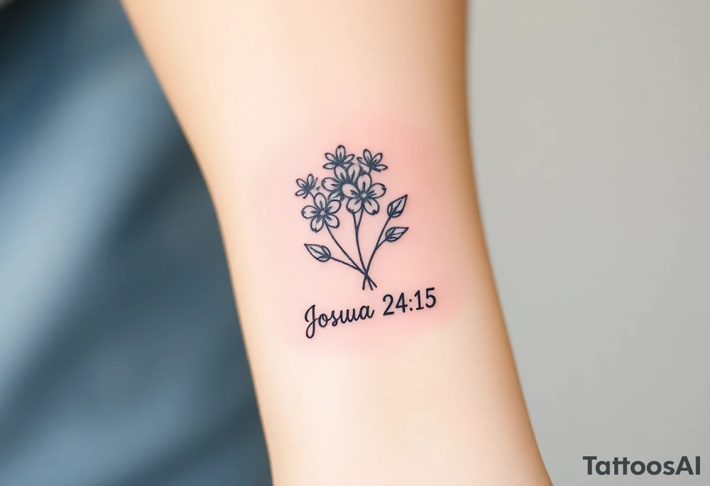 MINI BUNCH OF FLOWERS at the top, drawn in single-needle fine line

“Joshua 24:15” sits underneath in tiny, clean lettering

Vertical flow = elegant, feminine, and perfectly suited to the inner wrist

Overall height: ~5–7 cm (subtle, timeless, not heavy) tattoo idea