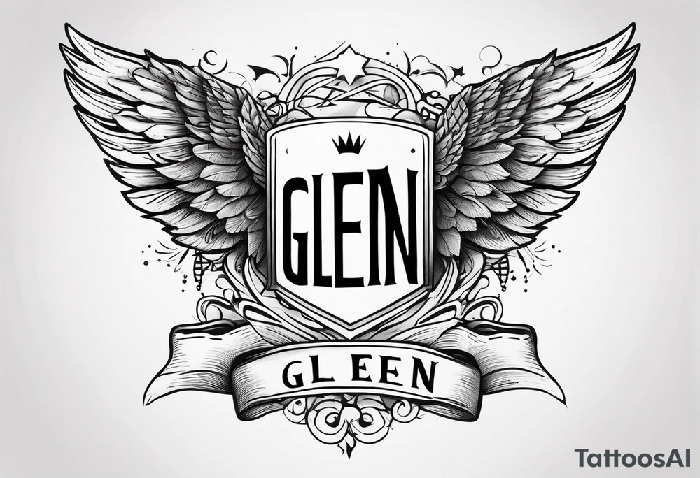 A simple tattoo with the word Glenn on a banner with angel Wings tattoo idea