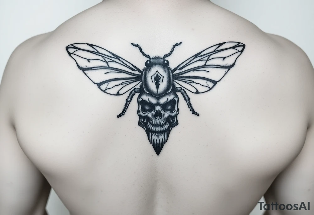 A tribal bee with a skull for lower abdomen on a man make it more detailed and gothic tattoo idea