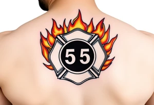 A roaring fire engulfing a firefighter’s badge, with deep orange and yellow flames contrasting against the polished silver emblem. tattoo idea