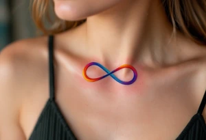 A rainbow-colored infinity symbol reflects the limitless nature of freedom placed uder collarbone tattoo idea