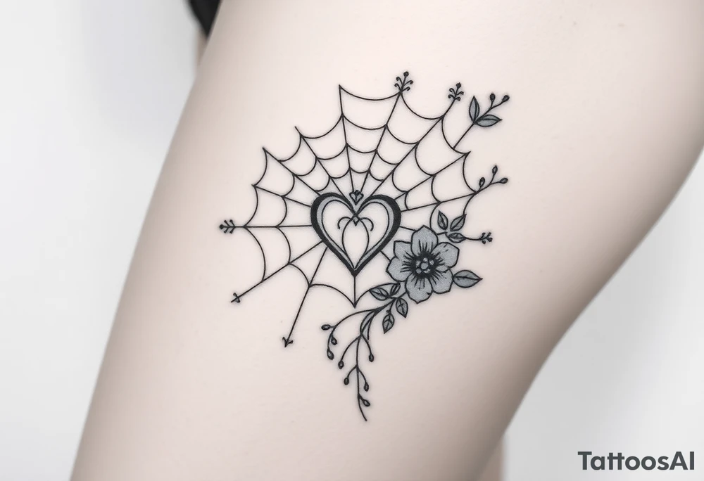 spiderweb with heart and flowers tattoo idea