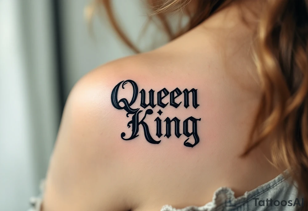 A vintage mirror reflecting the word "Queen" in gold and "King" in black gothic lettering. tattoo idea