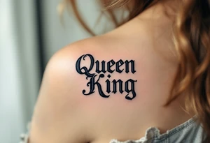A vintage mirror reflecting the word "Queen" in gold and "King" in black gothic lettering. tattoo idea