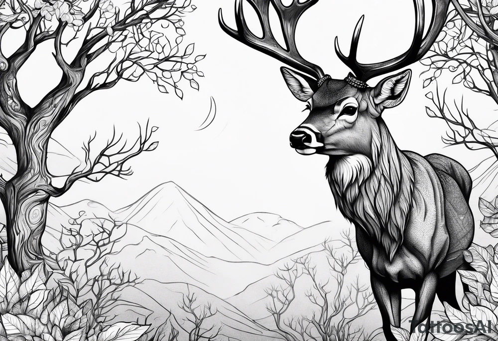 deer with antlers in tree tattoo idea