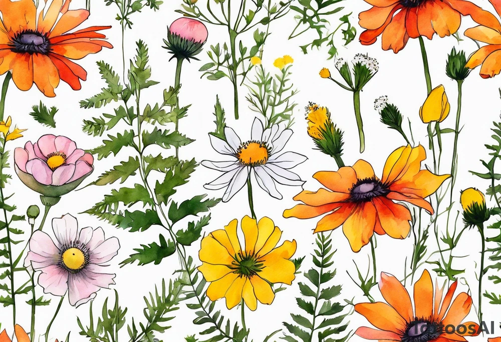 simple wildflowers cascading with thistles, ferns, white anemones, sun flowers, yellow flowers, red flowers, pink flowers, green flowers, buttercups, orange flowers, babys breath and daisies all in watercolor tattoo idea