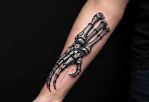 A skeletal robotic arm with bone-like mechanical segments in matte gray, accented by red heat signatures at each joint. tattoo idea