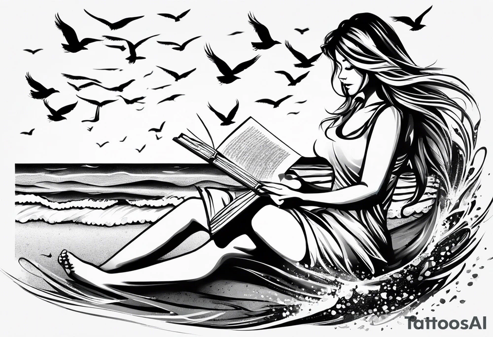 Someone is sitting on the beach reading a book and the pages are flying in the wind, the purpose of the tattoo is to emphasize that just as the pages are flying in the wind, you also have to flip through situations in life tattoo idea