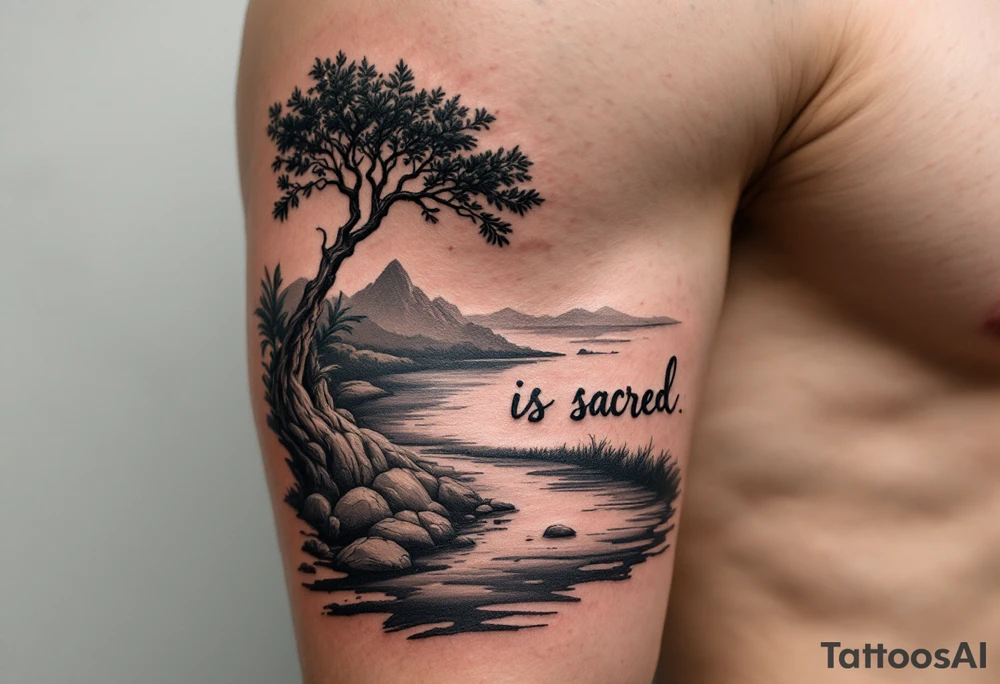 Hand written writing that says “this place is sacred” on a small breadfruit tree next to a river tattoo idea