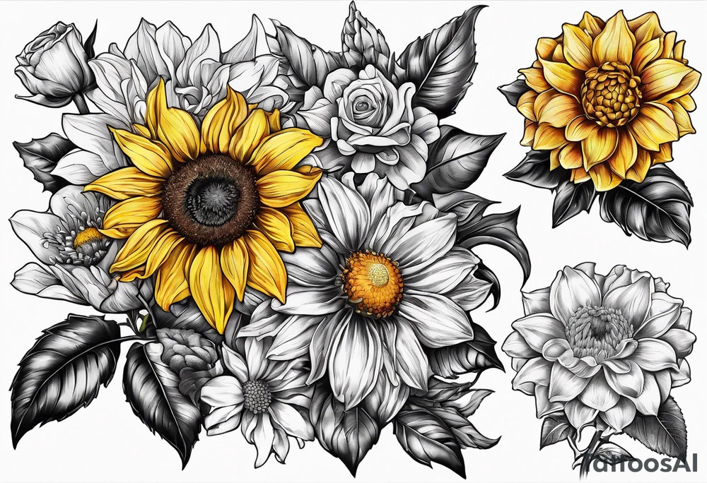 Sunflower daffodil, daisy, rose, Adler, chrysanthemum, holly Birth flower tattoo idea