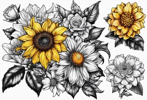 Sunflower daffodil, daisy, rose, Adler, chrysanthemum, holly Birth flower tattoo idea